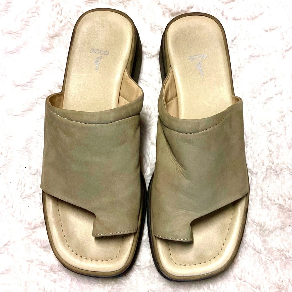 ECCO Women Toe Loop Slide Sandals Taupe Beige Leather Wedge Platform Portugal